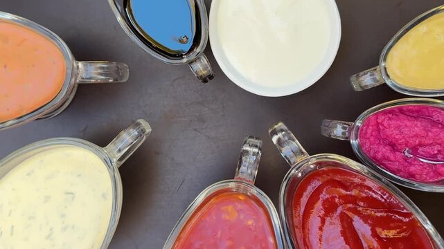 Various hot sauces are on the table in a restaurant, food, chili, ketchup, appendix to the dish, table setting