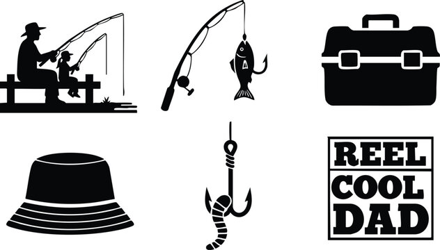Flat design silhouette fishing icon set side view showing dad on dock casting rod with hat tackle box fish on hook reel cool dad text badge