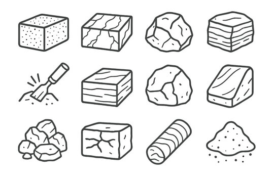 Stone Material Icons. Line style icons of stone materials: granite block, marble slab, limestone chunk, sandstone piece; chisel