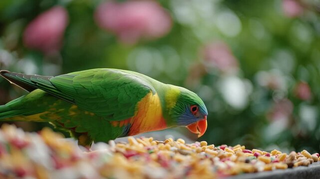 Colorful parrot enjoying a meal amidst vibrant flowers in a lush garden setting