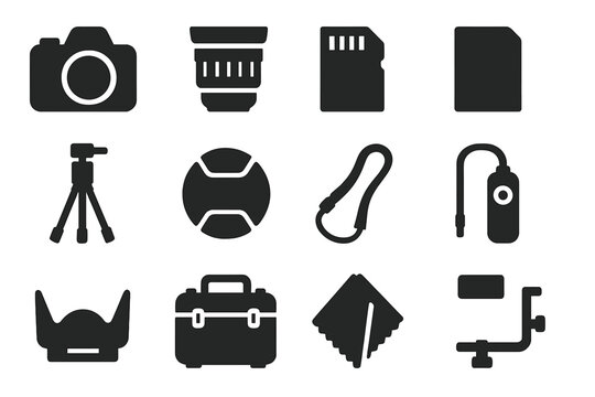 Photography Gear Icons. Solid style icons of Photography gear: DSLR camera, wide-angle lens, memory card, battery pack, tripod