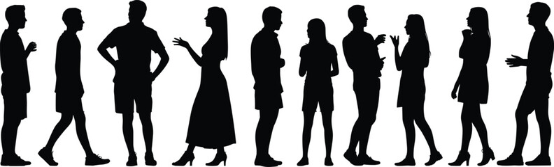 Collection of standing people silhouettes in casual poses talking and interacting, perfect for architectural visualization, urban crowds, and social networking
