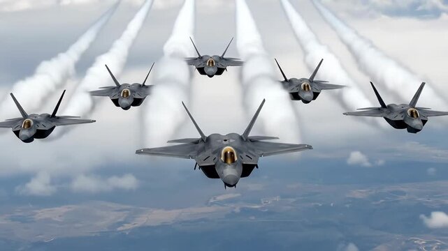 Formation flight of fighter jets in clear sky showcasing aerobatic precision and speed over clouds