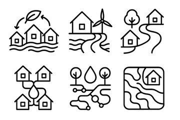 Fototapeta premium Sustainable Water Settlement Icons. Line style icons of sustainable water settlements: eco-housing flow, renewable stream