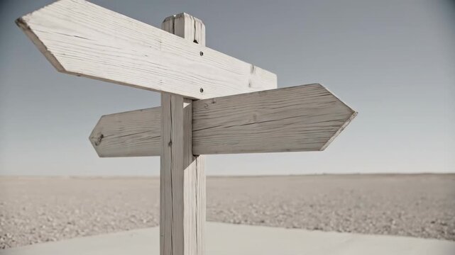 White wooden signpost arrow pointing multiple directions in empty desert landscape calm lonely mood