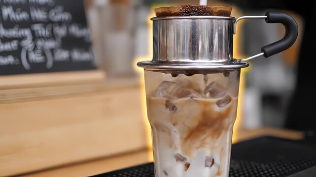 Coffee brewing process captured in three sequential frames, showcasing the gradual infusion of rich coffee into a glass filled with ice and milk, highlighting the art of beverage preparation