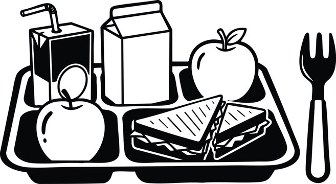 Line art overhead cafeteria lunch tray with sandwich apple milk carton juice box and fork bold high contrast school meal compartmentalized plastic monochrome icon flat graphic