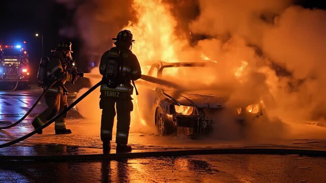 Firefighters battling car fire at night with dramatic flames and intense water spray