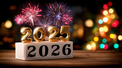 New year celebration holiday greeting card, change from 2025 to 2026 on sign, firework in background defocused, countdown moment, festive transition, with copy space