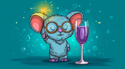New year party celebration greeting card with text, cute animal with sparkler and beverage glass, isolated on turquoise background, festive character, humorous theme, with copy spa