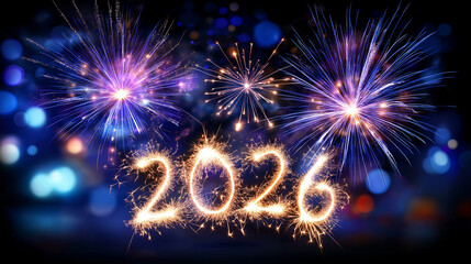 New year celebration greeting card, year 2026 in sparkler font and firework pyrotechnic, blue night sky background defocused, festive display, celebration typography, with copy spa
