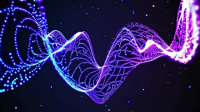 Abstract image featuring a dynamic digital waveform of glowing pink and blue particles against a dark background, illustrating themes of technology, energy, and futuristic design. ideal for tech or di