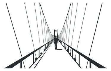 Fototapeta premium A silhouette of a person walking on a suspension bridge in minimalist black and white vector style, perfect for concepts of journey and solitude