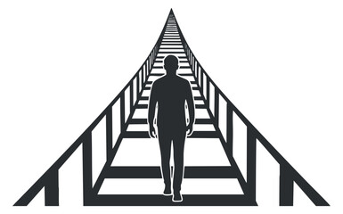 A silhouette of a person walking down an abstract path with a perspective effect in minimalist black and white vector style, suitable for motivational themes and personal growth concepts