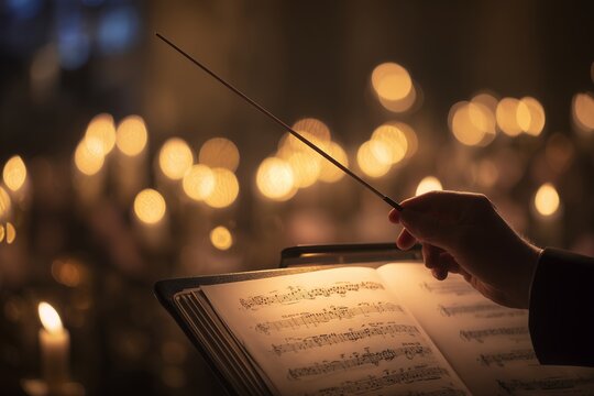 Conductor's hand with baton above music scores during an evening concert with warm candlelit bokeh, concept for orchestra performance, artistic event promotion and classical concert branding