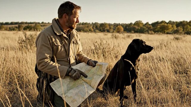 Hunter man and his hunting dog navigate with a map in a dry golden field outdoor during an autumn hunt footage.