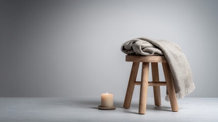 Minimal Christmas scene featuring wooden stool, folded wool blanket, and single candle, soft grey background, diffused light