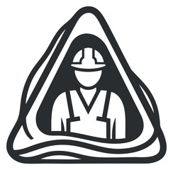 A construction worker in a safety helmet within a triangular outline in black and white vector style, suitable for safety signage and industrial design