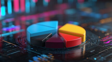 Vibrant 3D pie chart visualizing data analytics on a futuristic dark digital background with neon glowing light, concept for financial reporting, market analysis and business strategy dashboards