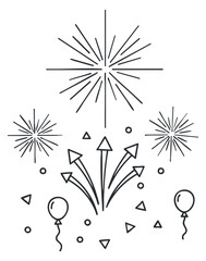 Obraz premium A collection of fireworks, balloons, and festive symbols in minimalist outline vector style, ideal for party and celebration designs