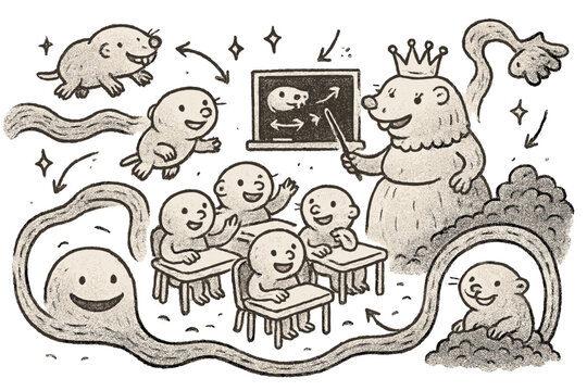 Whimsical Mole-Rat Classroom. Whimsical doodle mole-rat colony classroom with happy students, cartoon mole-rats floating, smiling