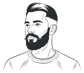 A stylish man with a beard and mustache in black and white line art vector style, ideal for fashion branding and creative projects