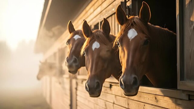 Horses breathing in cool morning air at barn window during sunrise
