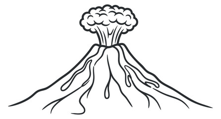 An erupting volcano with smoke and lava in black and white outline vector style, suitable for educational materials and environmental themes