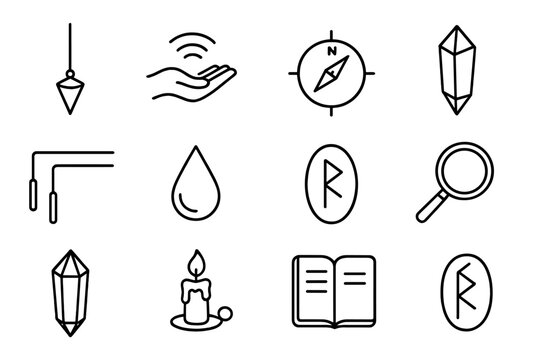 Occult Line Icons. Line style icons of Occult Practices: Pendulum, Energy Measurement, Dowsing Map, Alternative Technique; Compass