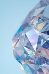 Closeup view of a geometric crystal reflecting light in vibrant colors