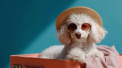Happy dog enjoys summer vibes in stylish sunglasses and a hat in a colorful outdoor setting