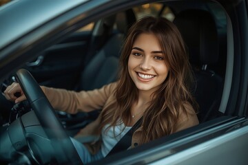Smiling young woman enjoys a sunny day driving through the city streets