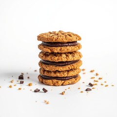 Four stacked cookies with chocolate filling on a clean white background