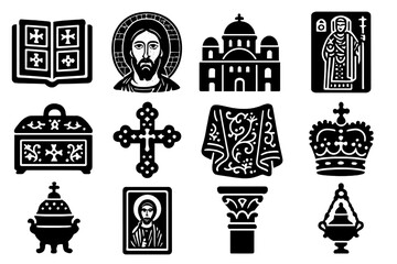 Byzantine Art Icons. Solid style icons of Byzantine art and culture: illuminated manuscript, mosaic Christ face, domed basilica,