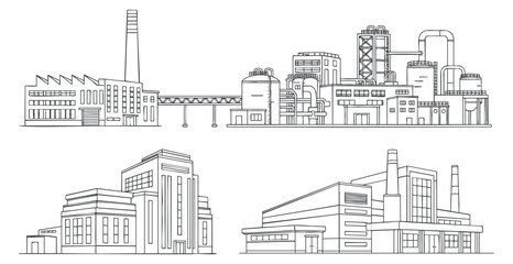 Fototapeta premium A collection of industrial buildings and factories in outline vector style, suitable for architectural design and urban planning projects