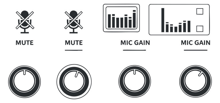 A set of audio control icons featuring mute and mic gain indicators in flat monochrome vector style, suitable for audio equipment design