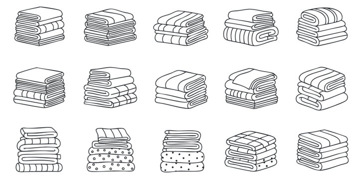 A collection of neatly folded towels and blankets in minimalist black outline vector style, suitable for home decor and laundry design