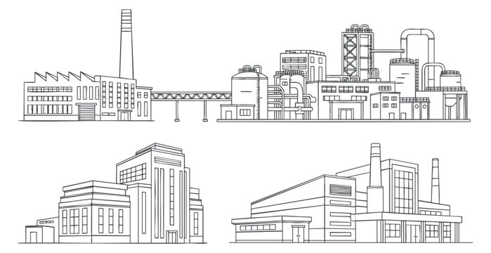 A collection of industrial buildings and factories in outline vector style, suitable for architectural design and urban planning projects