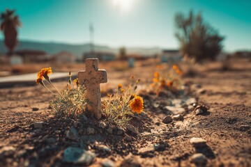Closeup of a small stone cross grave marker amidst orange desert flowers and dry sand in an arid cemetery under bright sun, concept for remembrance, bereavement support and spiritual contemplation