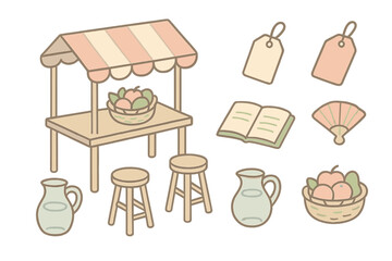 Market Conversation Icons. Isometric vector illustration set of Market Conversation Scene: two stools under canopy, fruit basket