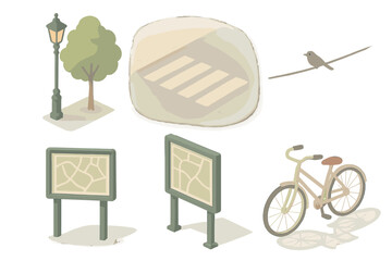 Quiet Morning Street. Isometric vector illustration set of Quiet Morning Street: lamp beside tree, cobblestone crossing, bird on