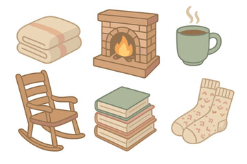 Cozy Cabin Essentials. Isometric vector illustration set of Cozy Cabin Interior: folded wool blanket, crackling fireplace, rocking
