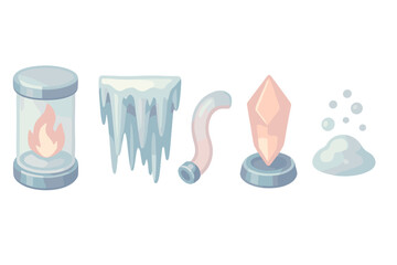 Frozen Flame Installation. Isometric vector illustration set of Frozen Flame Installation: glass cylinder with internal fire,