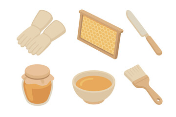 Honey Harvest Essentials. Isometric vector illustration set Honey Harvest Balcony: beekeeper gloves, open honeycomb frame, metal