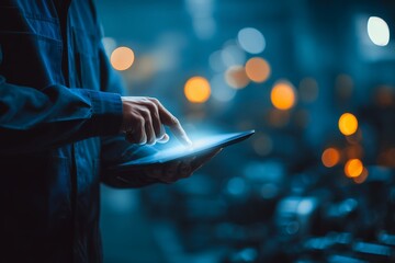 Industrial technician using touchscreen tablet showing glowing data in a blurred factory background, concept for smart manufacturing, digital transformation and industry 4.0