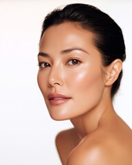 Obraz premium Natural beauty portrait of woman on white background representing skincare glow, minimal aesthetics, elegance and modern cosmetic wellness