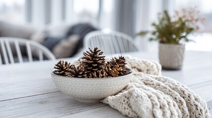 White Scandinavian dining table with one ceramic bowl of pinecones, natural textures, airy winter mood