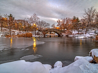Gapstow Bridge in Central Park, after snowing