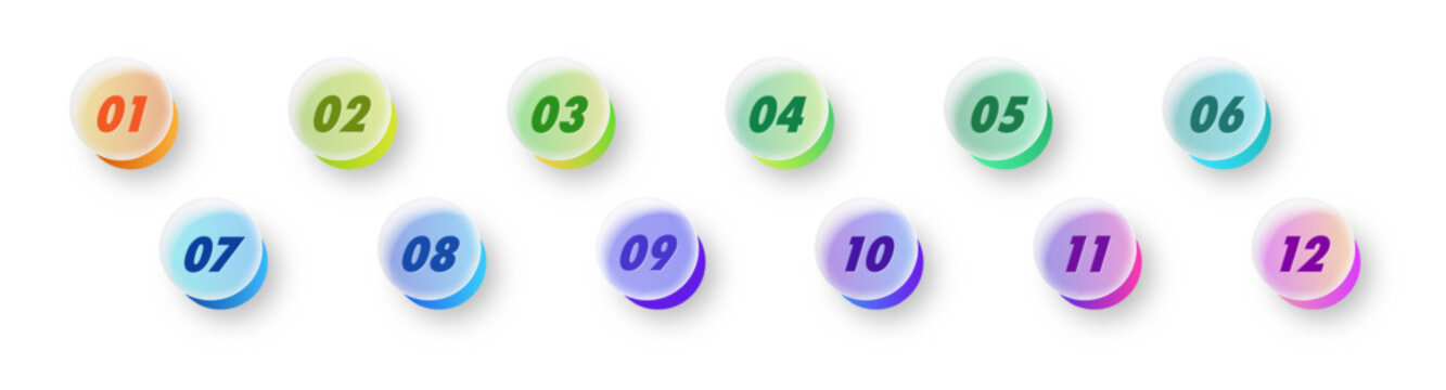 Bullet points numbers 1 to 12 list markers glassmorphism style for sequential processes, timeline, Infographic, process, annual highlights, progress