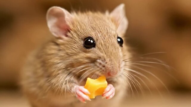 Cute brown house mouse enjoying a delicious piece of Swiss cheese